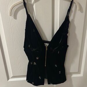 Black Velvet Sleeveless Top with Floral Embroidery